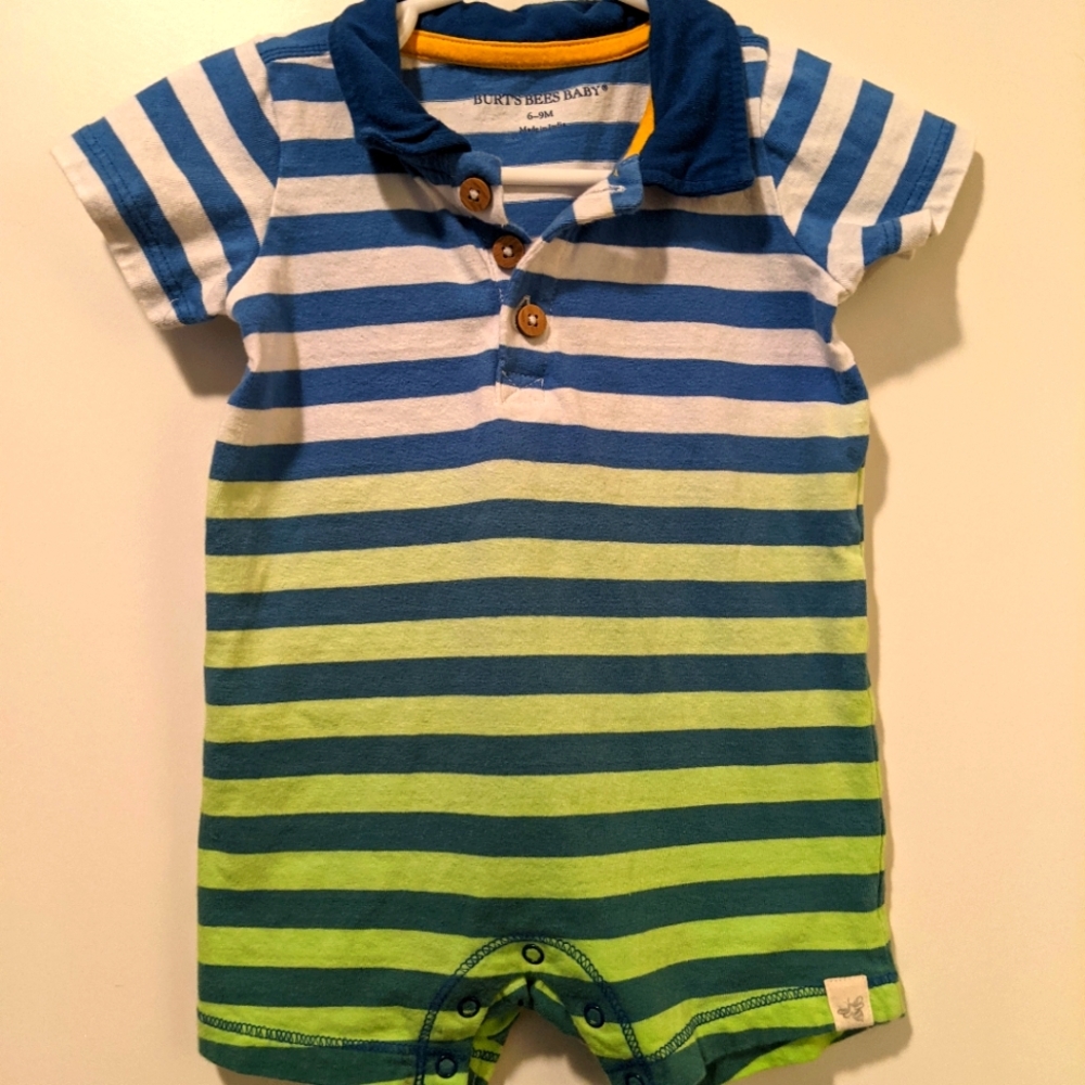 Burts Bee Baby Romper, 6-9 Months, Blue & Green